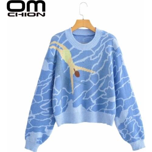 OMCHION New Top Blue Loose Korean Casual Ocean Diving Print O Neck Sweater For Women 2021 Winter Chic Oversized Pullover Jumper