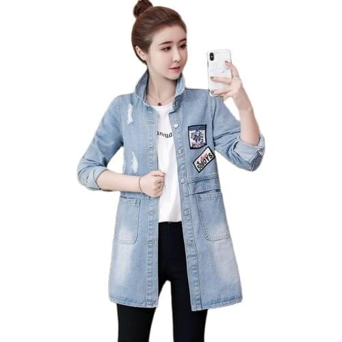 Plus size Denim Overcoat Female Outerwear Medium Long New Spring Autumn Jacket Women Fashion Loose Print Cowboy Windbreaker Lady