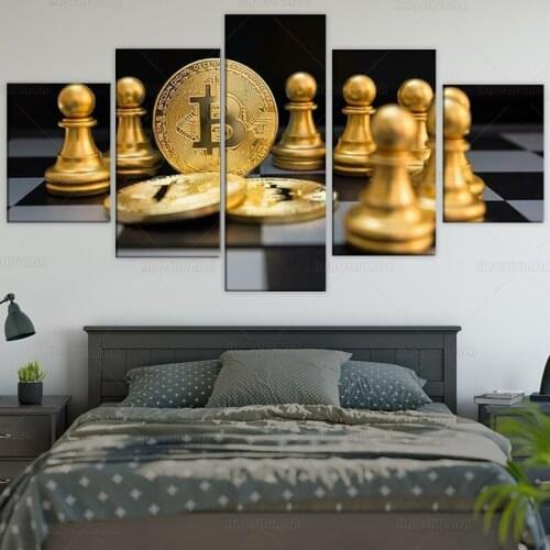 Gold Bitcoin and Chess Board 5 Pcs Canvas Wall Art Painting poster print for living room Home Decoration Cuadros framed