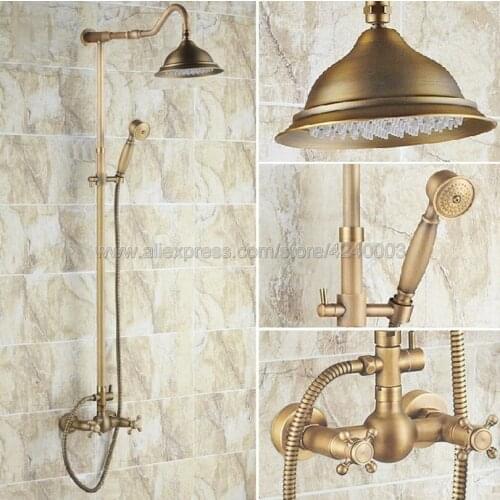 Antique Brass Wall Mounted 8" Shower Head Shower Rainfall Faucet Set with Handheld Shower Mixer Tap Krs135