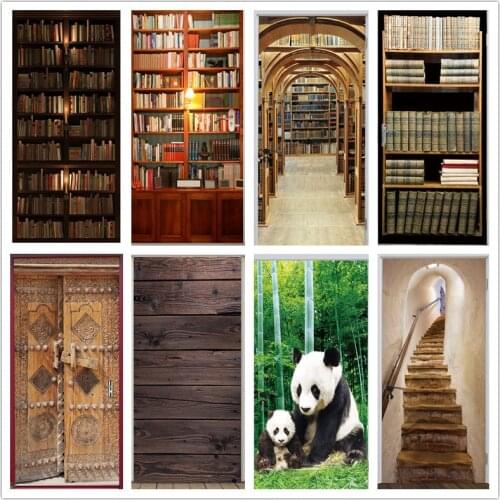 Library 3D Door Sticker For Bedroom Living Room Wood Waterproof Wallpaper For Doors Home Design Wall Decor Mural Landscape Panda
