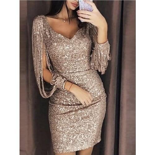 Cut Out Sleeves V Neck Short Cocktail Party Mini Dress Bodycon Sexy Sequined Long Sleeves