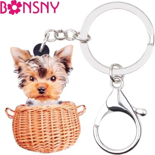 Bonsny Acrylic Basket Yorkshire Dog Key Chains Keychains Rings Cute Animal Fashion Jewelry For Women Girls Teens Charms Gift Hot
