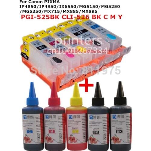 For CANON IP4850 IP4950 IX6550 MG5150 MG5250 MX715 MX885 MX895 MG5350 PGI-525 refillable ink cartridge+ 5 Color Dye Ink 100ml