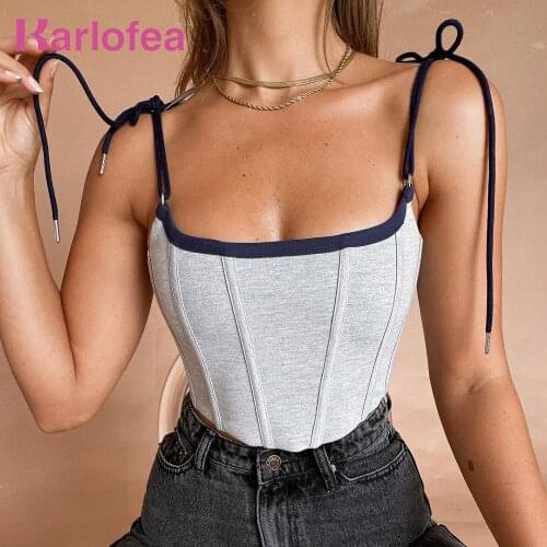 Karlofea Cottom Camis Top Simple Fashion Streetwear Outfits Chic Self Tie Shoulder Backless Shirts Summer 2021 Corset Crop Tops