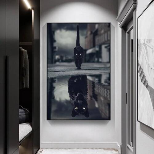 The Reflection of Black Cat Canvas Painting Little Cat Become Tiger Lion Poster Animal Wall Art Pictures for Living Room Decor