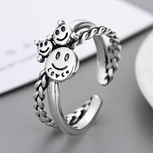Cute Funny Smiling Face Thai Silver Color Ring for Women Men New Retro Party Jewelry Open Finger Rings Wholesale Dropshipping