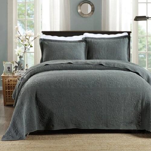 CHAUSUB Quality Plain Cotton Quilt Set 3pcs Solid Embroidered Bedspread Quilted Bed Cover Sheets KING Size Quilts Coverlet Set