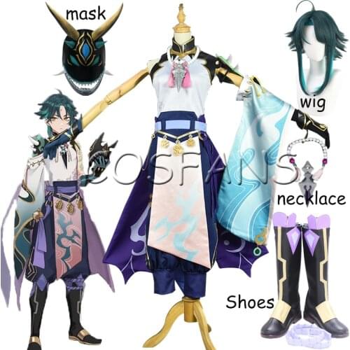 Anime Genshin Impact Xiao Game Suit Uniform Cosplay Costume Halloween Party Outfit For Women Men Wigs and shoe accessories