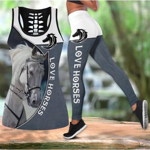 Beautiful Love Horse 3D All Over Printed Hollow Tank Top & Leggings Set Fitness Female Full Length Leggings Running Pants DDK64