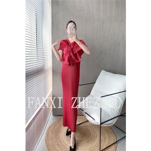 HOT SELLING Miyake folds fashion new fungus lace cross shawl bag shoulder sleeves ruffled long dress IN STOCK