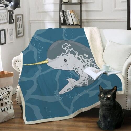Cartoon Narwhal Ocean Blue Blankets for Baby Crib Cute Animal Sherpa Heavy Blanket Warm Weighted Ultra Soft for Winter