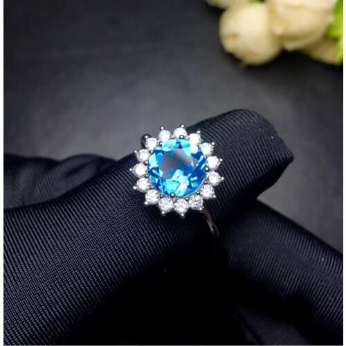 Natural blue topaz gem stone Ring Natural gemstone Ring S925 silver trendy Elegant Diana round women girl party gift Jewelry
