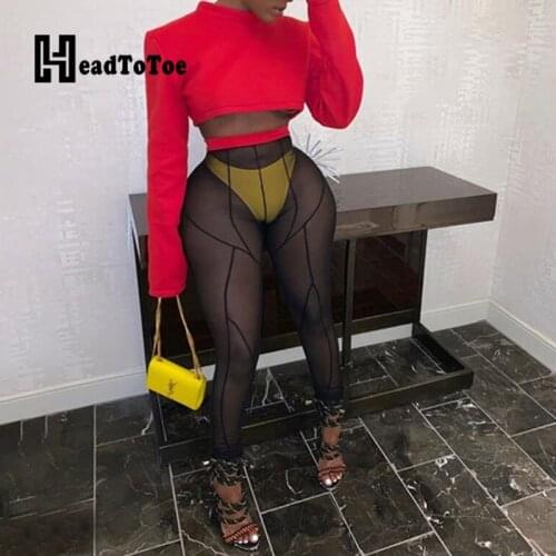 Solid Mesh Eyelet Navel Sexy Club Two Piece Outfits Woman Long Sleeve O Neck Skinny 2 Piece Set Women