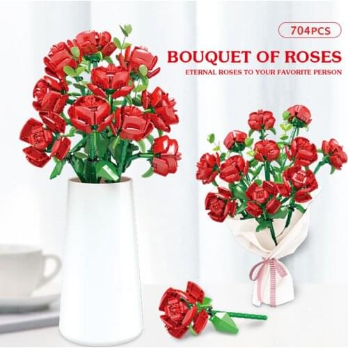 Girl Gift 11 Roses Bouquet Building Blocks Home Plant Potted Decoration Bouquet DIY Model Building Blocks Childrens Toys No Box