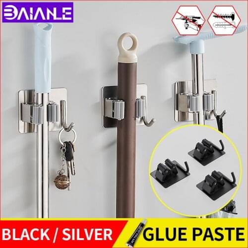 Washroom broom and mop rack wall mounted black stainless steel coat hookscrew free installation glue paste Umbrella rack