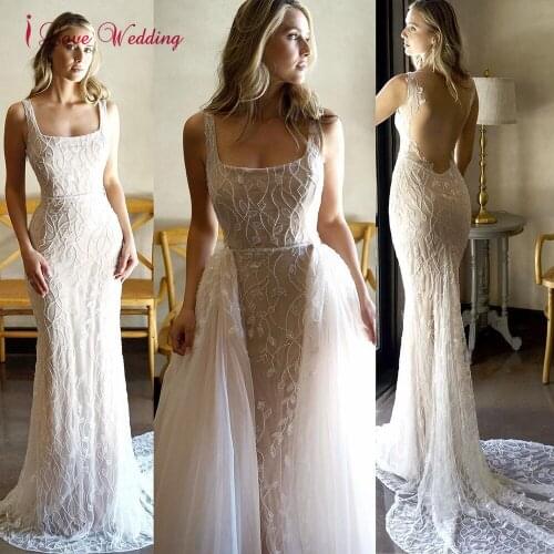 Glamorous Delicate Lace Mermaid Wedding Dresses With Detachable Train Square Neckline Backless Sexy Bridal Gowns Removable Skirt