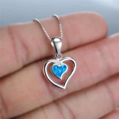 White Blue Fire Opal Cute Heart Pendant Necklaces For Women Romantic Jewelry Vintage Fashion 925 Silver Birthstone Necklace Gift