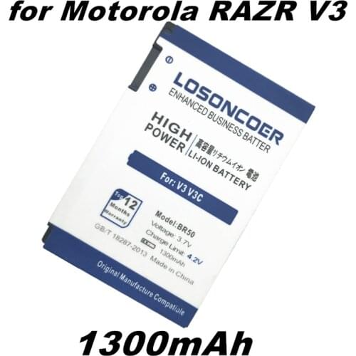 LOSONCOER Top High Capacity Replacement 1300mAh BR50 For Motorola RAZR V3IM V3c V3 V3V3i E V3m V3T V3Z PEBL U6 Prolife 300 500