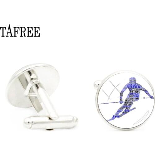 TAFREE Glass Cufflinks Mens Wedding Shirt Winter Skiing Art Pattern Love Cufflink Silver Color Cuff Links Jewelry SG56