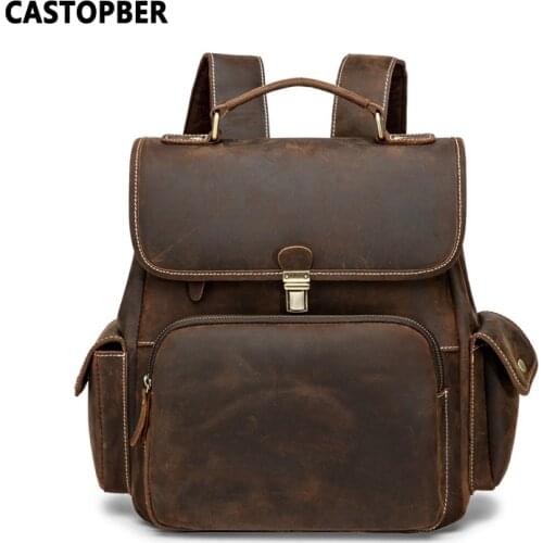 Men Large Capacity Daypacks For Travel Crazy Horse Cow Genuine Leather Vintage Backpacks For Male Handles On Top Side Pockets