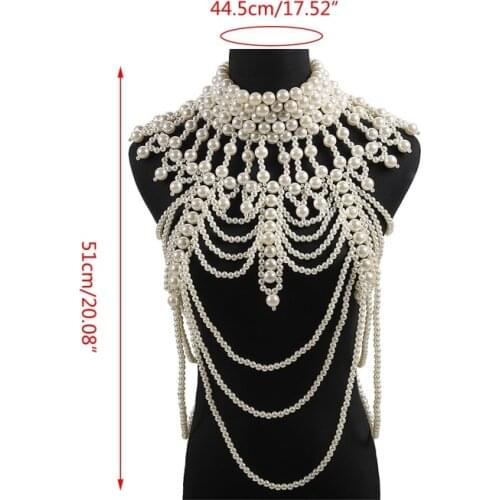 Women Imitation Pearl Beaded Body Chain Shawl Handmade Jewelry Bib Necklace Collar Vintage Luxurious Layered Decorative Vest Cos