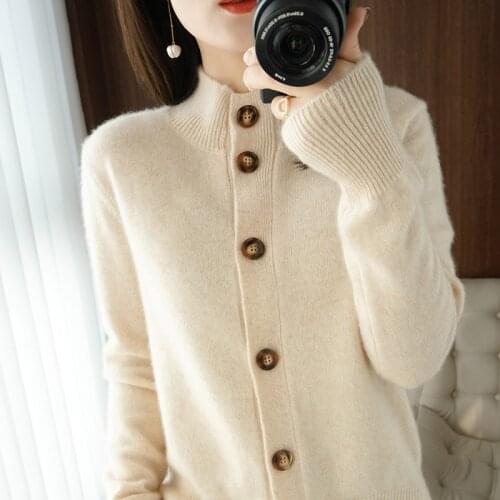 Autumn and Winter 100% Wool Cashmere Sweater Womens Self-Cultivation Half High Neck Cardigan Warm Knitted Sweater Women