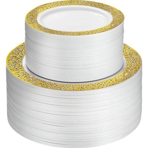 Gold Disposable Plastic Plates -Lace Design Wedding Party Plastic Plates,Gold Lace Plates Salad/Dessert Plates 25Pack