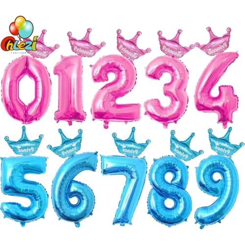 2pcs 32 inch Pink Blue Number Digit foil Balloons 1 2 3 4 5 6 7 8 9 Years old kid boys girls Birthday Crown Foil Balloon Decor