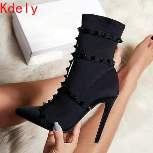 2020 Fashion Luxury Women 11.5cm High Heels Fetish Rivets Silk Sock Boots Stiletto Ankle Boots Scarpins Studded Red Spring Shoes