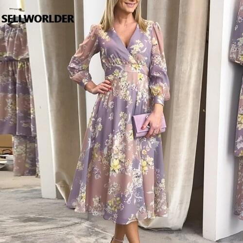 Elegant Pink Purple Autumn Winter Women Dress V-neck Long Sleeve Flower Female Dress A-line Fashion Long Party dress