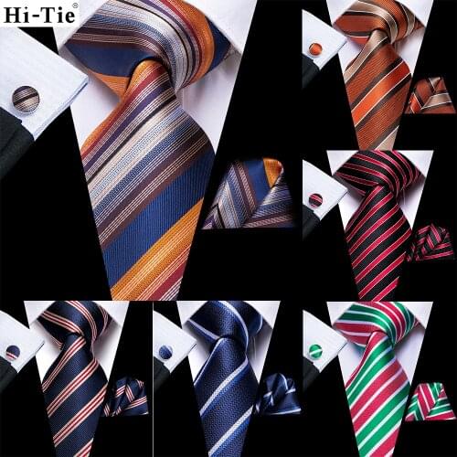 Hi-Tie Orange Blue Striped Silk Wedding Tie For Men Hanky Cufflink Gift Men Nicktie Business Party Dropshipping Fashion Designer