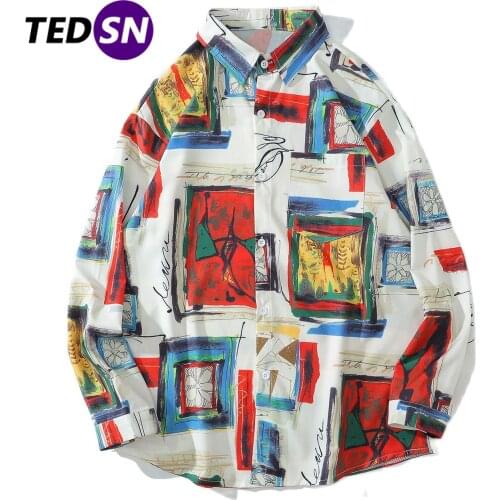 Hip Hop Hawaiian Beach Shirts 2020 Autumn Picture Graffiti Harajuku Streetwear Vintage Long Sleeve Shirt Men Cotton Loose Tops