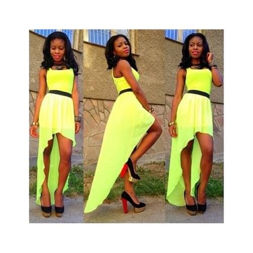 Fashion Casual Dress Fashion Women Dress Yellow Sleeveless Asymmetry Dress With Belt