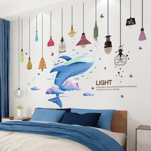 Cartoon Whale Animals Wall Stickers DIY Chandelier Lights Mural Decals for Kids Rooms Baby Bedroom Nursery Home Decoration