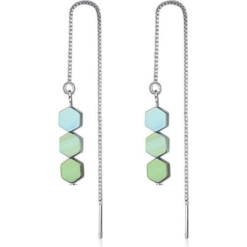 New Fashion Hexagonal Geometric Dradient Ear Line 925 Sterling Silver Jewelry Long Fresh Three Colors Dangle Earrings SE687