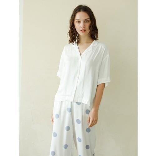 Summer Casual 100% Viscose Womens White Short Sleeve Pajama Sets Blue Dot Ankle-Length Pants Loose Comfortable Sleepwear Suits
