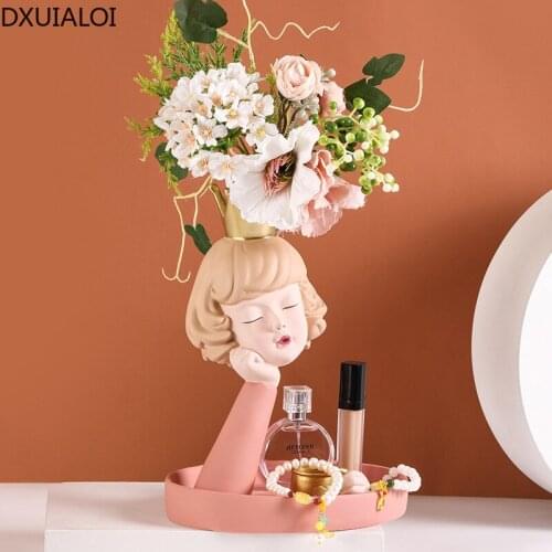 DXUIALOI creative cute girl cosmetic storage tray resin crafts living room desktop flower arrangement vase housewarming gift