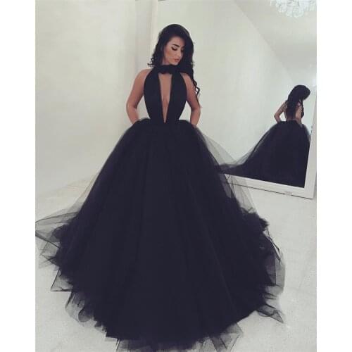 Sexy Backless Halter Black Long Prom Dresses 2020 Robe De Mariee Ball Gown Deep V Neck Party Dress Vestidos De Gala