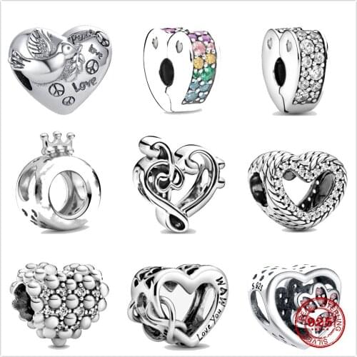925 Sterling Silver Charm Shiny Peace Dove Heart Imprint Bead Fit DIY Jewelry with Original Pandora Charm Bracelet for women