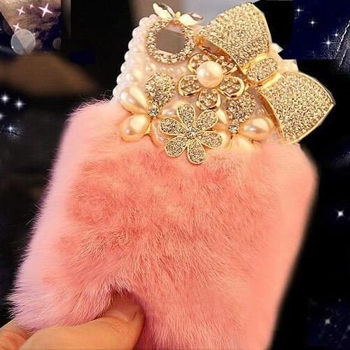 Bling Crystal Fluffy Rabbit Fur Case Winter Soft Crystal Case Bling Fur Shell for samsung S7 S8 S9 S10 S20 Plus Note 20 10 8 9