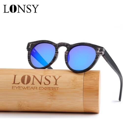 LONSY Natural Bamboo Sunglasses Women Men Polarized Fashion Mirror Coating Sun Glasses Shades Eyewear UV400 Oculos de sol Gafas