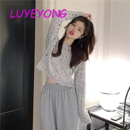 Korean Fashion Cloth Autumn Girl Thin Knitted Crop Top Hollow Out O Neck Pull Sweaters Light Gray Lady Sexy Short Length Sweater