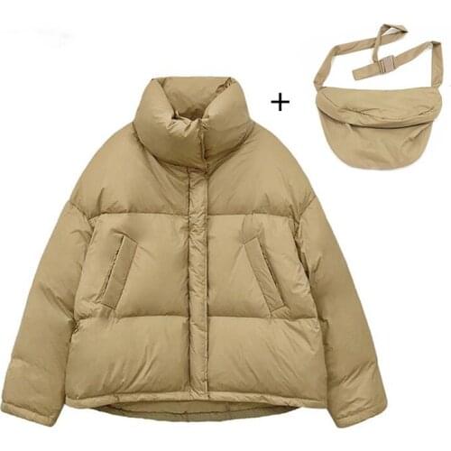 Trendy Winter Women 90% White Duck Coat Loose Warm Outwear Ultra Light Stand Collar Short Down Jacket+Inclined Shoulder Bag