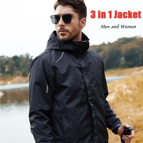 Outdoor Waterproof Hiking Jacket Men Women 3 in 1 Detachable Windproof Warm Hooded Jacket Autumn Winter Thermal Ski Clothes Coat