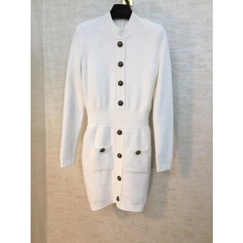 Quality End 11.7 High Temperament Fashion Heavy Industry Button Slim Package Hip Women Comfortable Soft Knitted Mini Dress