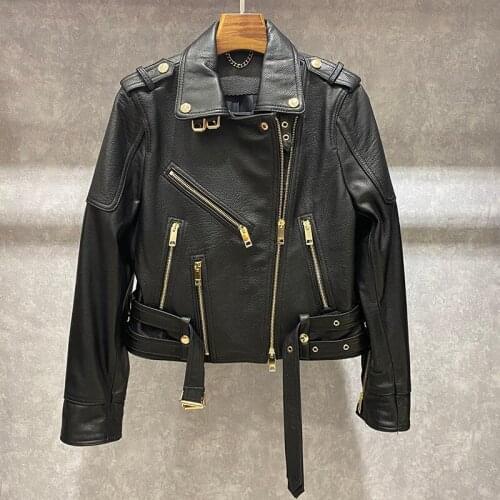 High Quality 2021 Spring Black Color Real Leather Women Jacket Turn-Down Collar Zipper Fashion New Female Genuine Sheepskin Coat