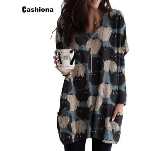 Women Elegant Leisure Casual Long T-shirt Model Pumpkins Print V-neck Loose Womens Top 2020 Summer Tees shirt Femme Clothing