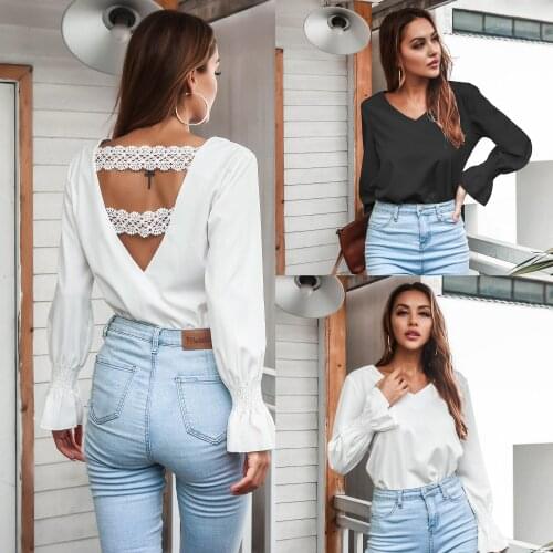 Women T-Shirts Autumn 2021 Full Sleeve Solid Color Sexy Lace Backless V-Neck Flare Pants Female Blouse Tops Tees C3045