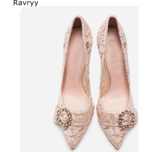 Womans high heels lace mesh sexy pump twinkling rhinestone female party dress shoe pointed toe slip-on stilettos single shoe